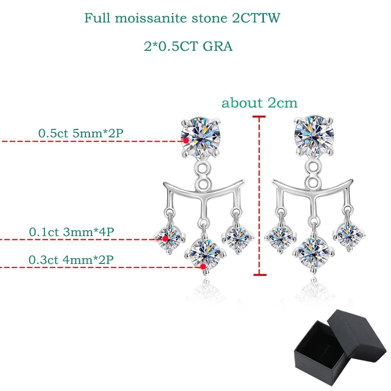 2CTTW Full Moissanite Drop Earrings for Women Sparkling Brilliant cut S925 Sterling Silver Plated 18k Wedding Jewelry GRA
