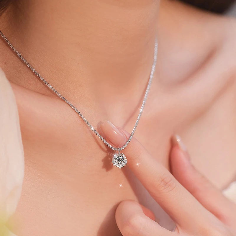 1CT 2CT Certified D Color Moissanite Necklace for Women Sparkling Lab Diamond Pendant Chain S925 Sterling Silver Jewelry