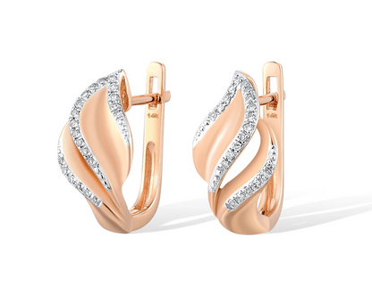 14K 585 Rose Gold Diamond Leaf Earrings - Elegant Wedding & Engagement Fine Jewelry