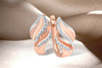 14K 585 Rose Gold Diamond Leaf Earrings - Elegant Wedding & Engagement Fine Jewelry