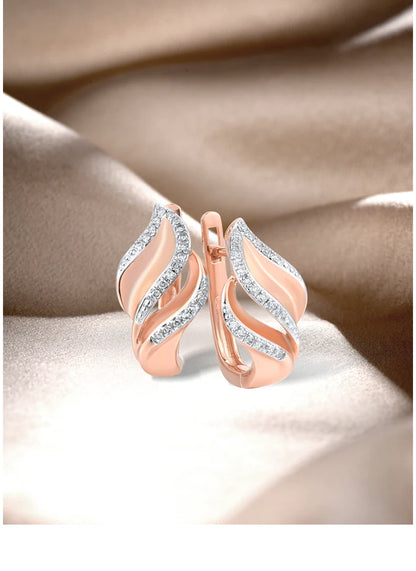 14K 585 Rose Gold Diamond Leaf Earrings - Elegant Wedding & Engagement Fine Jewelry