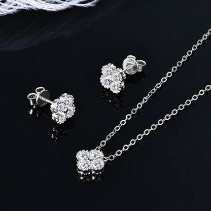 3-in-1 Clover Flower Pendant Necklace Earrings Bracelet Sets 925 Silver 3mm D Moissanite Jewelry Set