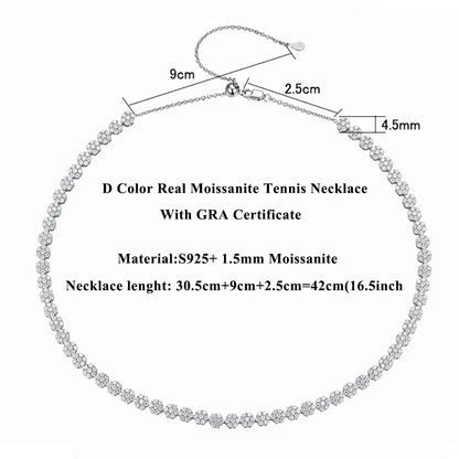 Serenity Flower Shape D Color Moissanite Tennis Necklace for Women – 100% 925 Sterling Silver with 18K Gold Plated Adjustable Chain Jewelry