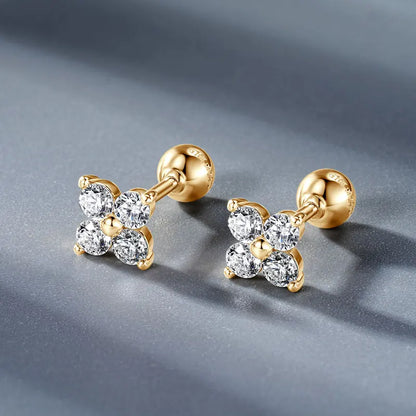 10K Gold Flower Clover Moissanite Stud Earrings – Real Gold, GRA Certified, Hypoallergenic Wedding Jewelry