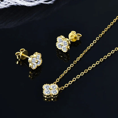 3-in-1 Clover Flower Pendant Necklace Earrings Bracelet Sets 925 Silver 3mm D Moissanite Jewelry Set