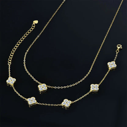 3-in-1 Clover Flower Pendant Necklace Earrings Bracelet Sets 925 Silver 3mm D Moissanite Jewelry Set