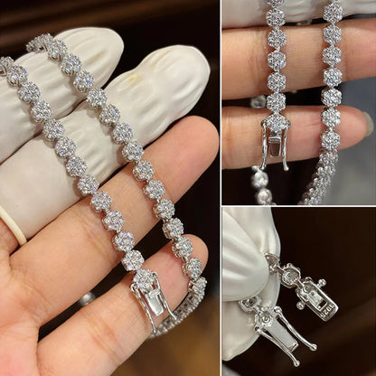 D Color Full Zircon and Moissanite Flower Cluster Tennis Necklace for Women in 925 Sterling Silver – Luxury Wedding Jewelry Gift
