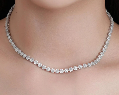 D Color Full Zircon and Moissanite Flower Cluster Tennis Necklace for Women in 925 Sterling Silver – Luxury Wedding Jewelry Gift