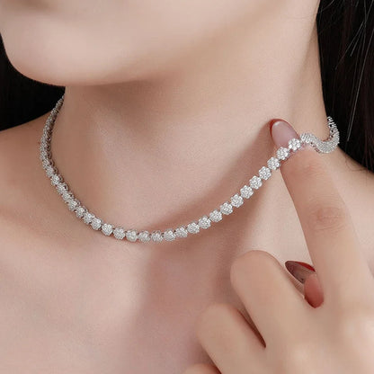 D Color Full Zircon and Moissanite Flower Cluster Tennis Necklace for Women in 925 Sterling Silver – Luxury Wedding Jewelry Gift