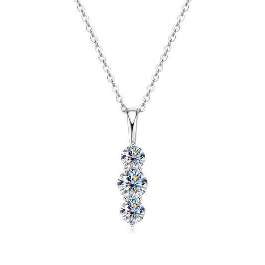 Elegant Three-Stone Moissanite Pendant Necklace – Minimalist 5mm & 4mm Round Stones in Genuine 925 Sterling Silver, 2025 Engagement Jewelry Trend