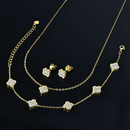 3-in-1 Clover Flower Pendant Necklace Earrings Bracelet Sets 925 Silver 3mm D Moissanite Jewelry Set