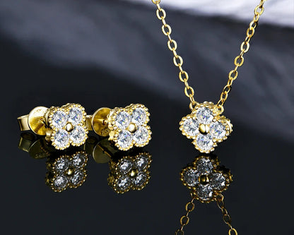 3-in-1 Clover Flower Pendant Necklace Earrings Bracelet Sets 925 Silver 3mm D Moissanite Jewelry Set