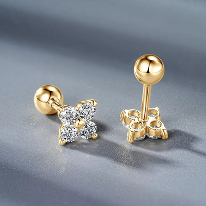 10K Gold Flower Clover Moissanite Stud Earrings – Real Gold, GRA Certified, Hypoallergenic Wedding Jewelry