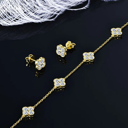 3-in-1 Clover Flower Pendant Necklace Earrings Bracelet Sets 925 Silver 3mm D Moissanite Jewelry Set