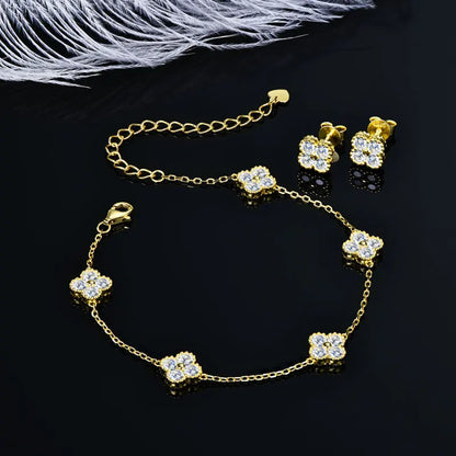 3-in-1 Clover Flower Pendant Necklace Earrings Bracelet Sets 925 Silver 3mm D Moissanite Jewelry Set