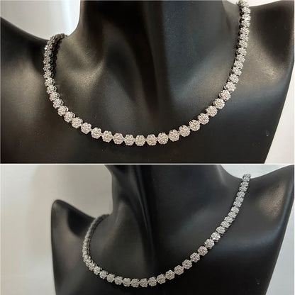 D Color Full Zircon and Moissanite Flower Cluster Tennis Necklace for Women in 925 Sterling Silver – Luxury Wedding Jewelry Gift