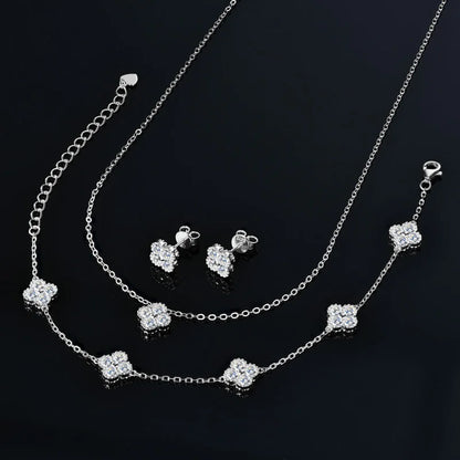 3-in-1 Clover Flower Pendant Necklace Earrings Bracelet Sets 925 Silver 3mm D Moissanite Jewelry Set