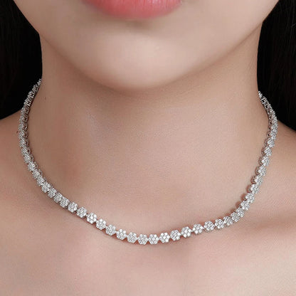 D Color Full Zircon and Moissanite Flower Cluster Tennis Necklace for Women in 925 Sterling Silver – Luxury Wedding Jewelry Gift